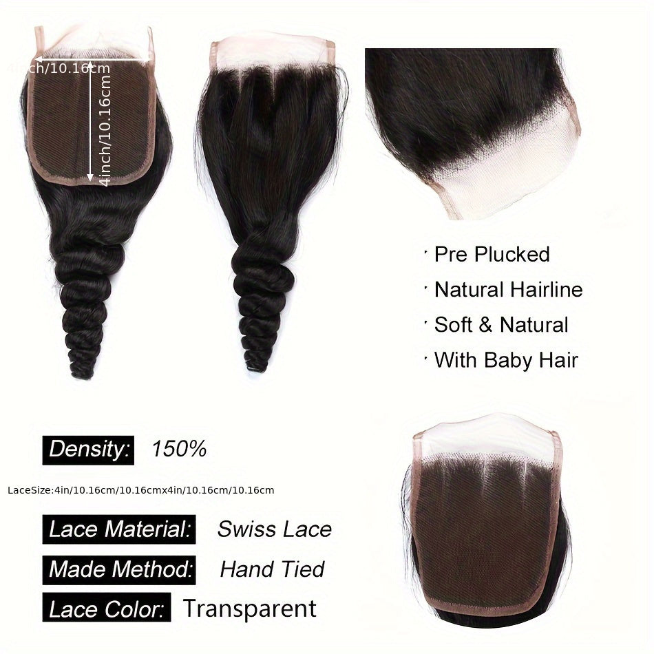 Loose Wave Human Hair Bundles With 4x4 Lace Closure 12A Peruvian Virgin 100% Unprocessed Loose Deep Wavy 4 Bundles 4x4 Lace Closure Natural Black Weave Extensions Transparent HD Ocean Wave